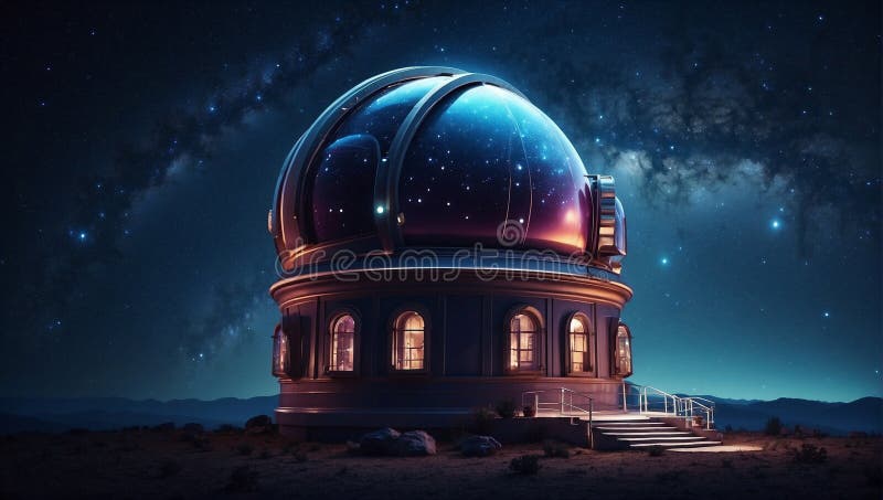 Nowoczesne obserwatorium buduje nocne niebo z gwiazdami na tle koncepcji badania przestrzeni kosmicznej ilustracja wektor