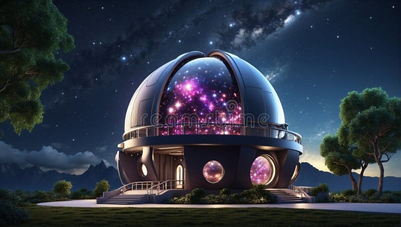 Nowoczesne obserwatorium buduje nocne niebo z gwiazdami na tle koncepcji badania przestrzeni kosmicznej royalty ilustracja