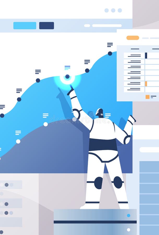 Nowoczesne roboty analizujące statystyki wykresy danych finansowych analizujące koncepcję technologii sztucznej inteligencji royalty ilustracja
