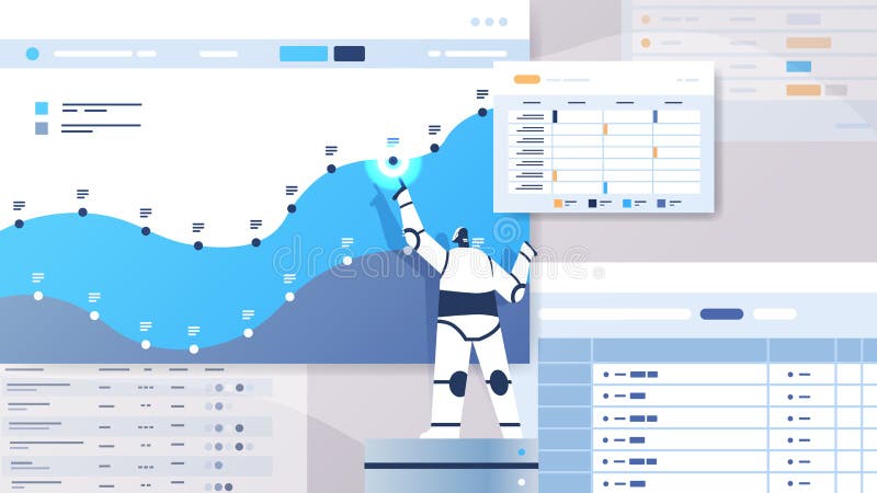 Nowoczesne roboty analizujące statystyki wykresy danych finansowych analizujące koncepcję technologii sztucznej inteligencji ilustracji