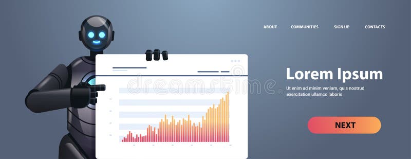 Nowoczesne roboty analizujące statystyki wykresy finansowe analizujące technologię sztucznej inteligencji ilustracja wektor