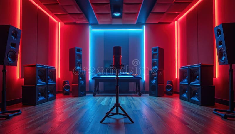 Nowoczesne studio nagraniowe wnętrze z czerwonym niebieskim neonem. Głośniki mikrofonu Pro audio mieszające konsolę. zdjęcie stock