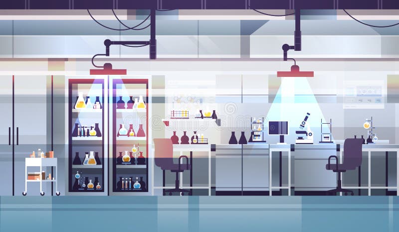 Nowoczesne wnętrze laboratorium nie puści ludzi laboratorium chemiczne poziome ilustracja wektor
