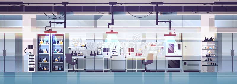 Nowoczesne wnętrze laboratorium nie puści ludzi laboratorium chemiczne poziome ilustracja wektor