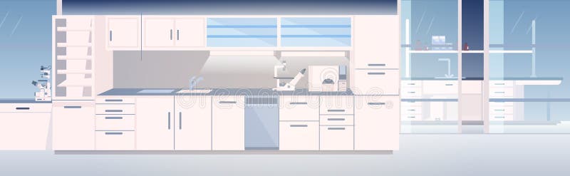 Nowoczesne wnętrze laboratorium puste laboratorium chemiczne z meblami poziomymi ilustracja wektor