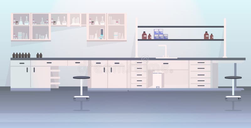 Nowoczesne wnętrze laboratorium puste laboratorium chemiczne z meblami poziomymi ilustracja wektor