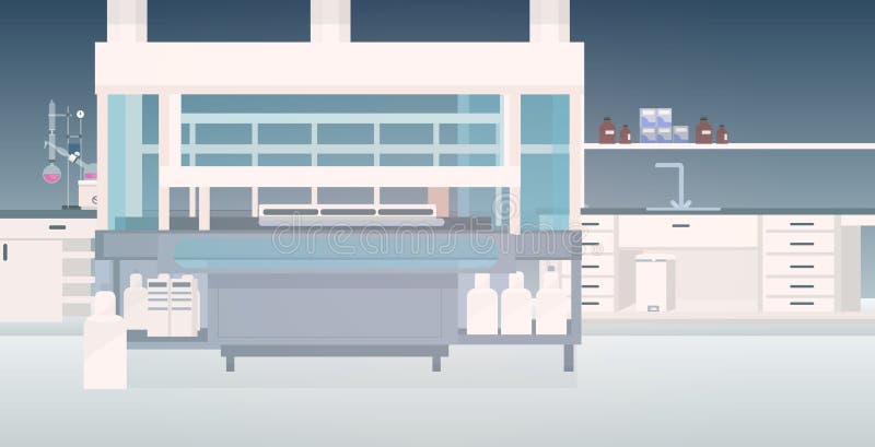 Nowoczesne wnętrze laboratorium puste laboratorium chemiczne z meblami poziomymi ilustracji