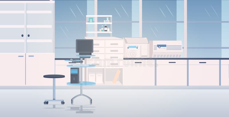 Nowoczesne wnętrze laboratorium puste laboratorium chemiczne z meblami poziomymi ilustracja wektor