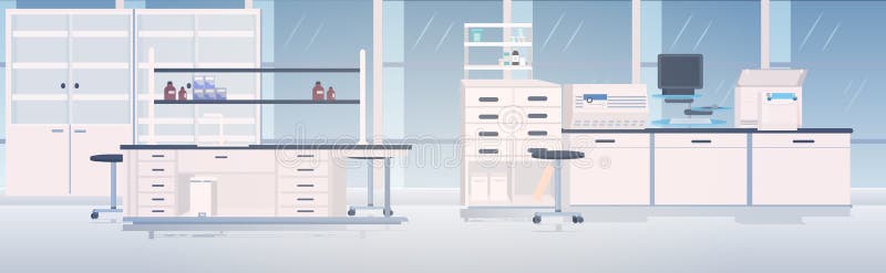 Nowoczesne wnętrze laboratorium puste laboratorium chemiczne z meblami poziomymi ilustracji