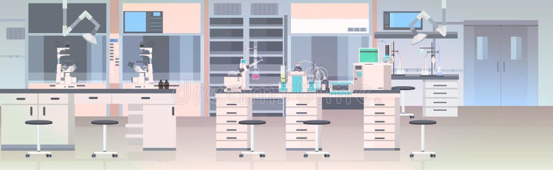 Nowoczesne wnętrze laboratorium puste laboratorium chemiczne z meblami poziomymi royalty ilustracja