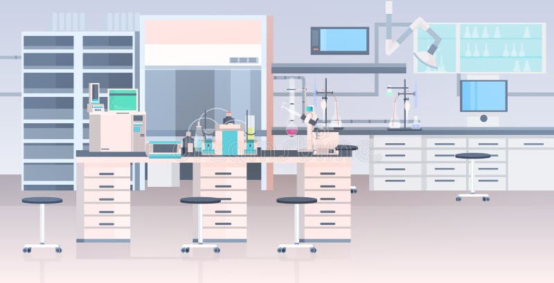 Nowoczesne wnętrze laboratorium puste laboratorium chemiczne z meblami poziomymi royalty ilustracja