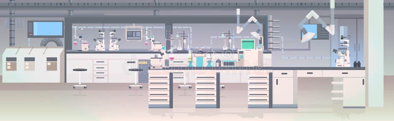 Nowoczesne wnętrze laboratorium puste laboratorium chemiczne z meblami poziomymi royalty ilustracja