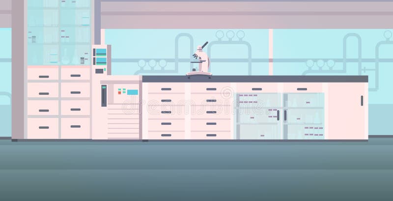 Nowoczesne wnętrze laboratorium puste laboratorium chemiczne z meblami poziomymi ilustracja wektor