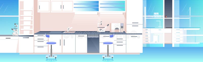 Nowoczesne wnętrze laboratorium puste laboratorium chemiczne z meblami poziomymi ilustracji
