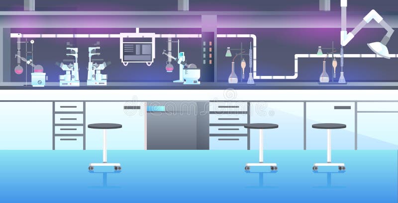 Nowoczesne wnętrze laboratorium puste laboratorium chemiczne z meblami poziomymi ilustracja wektor