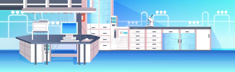 Nowoczesne wnętrze laboratorium puste laboratorium chemiczne z meblami poziomymi royalty ilustracja