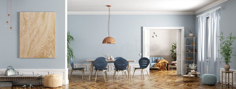 Nowoczesne wnętrze mieszkania, jadalnia z stołem i krzesłami, salon z sofą, halą, panoramą 3d renderowania ilustracji Nowoczesne wnętrze mieszkania, jadalnia z stołem i krzesłami, salon z sofą, halą, panoramą 3d renderowania ilustracji