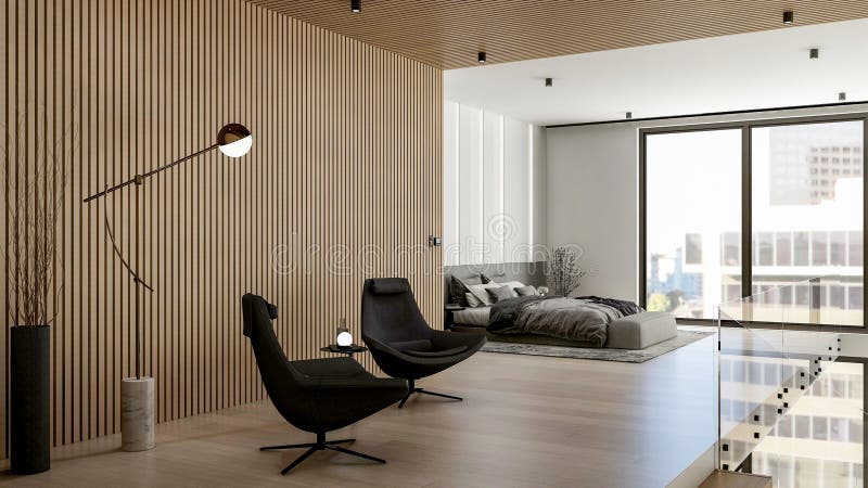 Nowoczesne wnętrze sypialni minimalistycznej z widokiem na miasto i przytulnym wzornictwem wnętrz renderowanie 3D royalty ilustracja