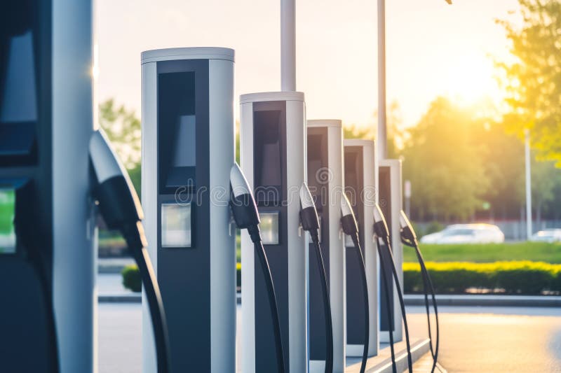 Nowoczesne ładowarki do pojazdów elektrycznych do ładowania samochodów w parkingu samochodowym ilustracja wektor