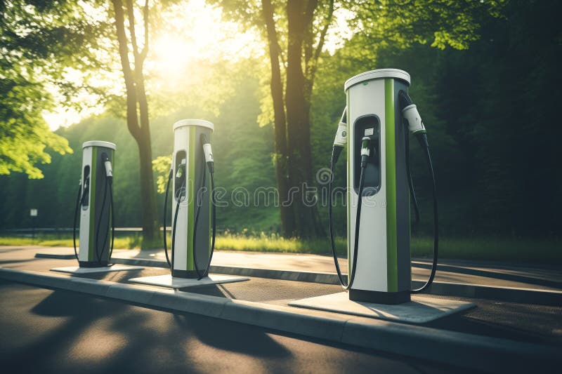 Nowoczesne ładowarki do pojazdów elektrycznych do ładowania samochodów w parkingu samochodowym royalty ilustracja
