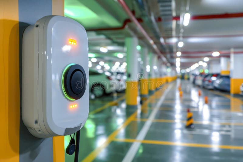 Nowoczesne ładowarki do pojazdów elektrycznych do ładowania samochodów w parkingu samochodowym ilustracja wektor