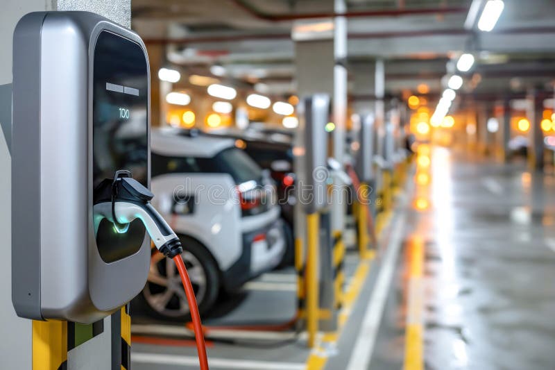 Nowoczesne ładowarki do pojazdów elektrycznych do ładowania samochodów w parkingu samochodowym ilustracji