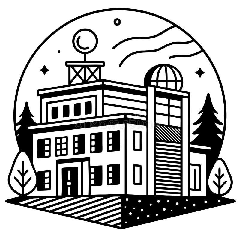 Nowoczesny budynek Obserwatorium z geometrycznymi drzewami i gwiazdami do kolorowania lub tatuażu sztuki ilustracji