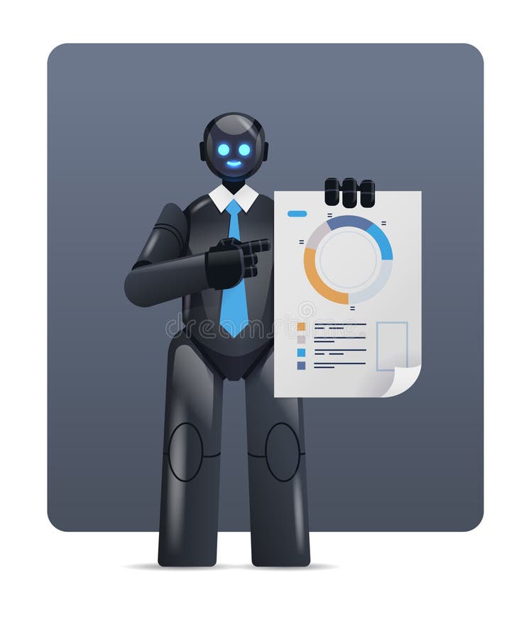 Nowoczesny czarny robot analizujący statystyki diagram dane finansowe analizujący koncepcję technologii sztucznej inteligencji ilustracja wektor