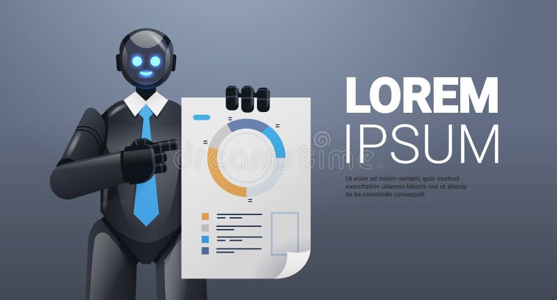 Nowoczesny czarny robot analizujący statystyki diagram dane finansowe analizujący koncepcję technologii sztucznej inteligencji ilustracji