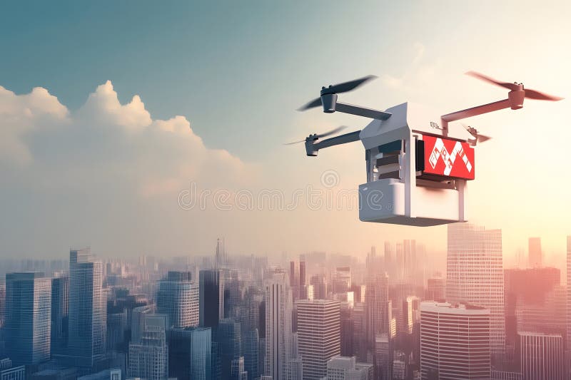 Nowoczesny dron medyczny przewożący awaryjne zapasy lecące nad miejską sceną koncepcyjną ilustracja wektor