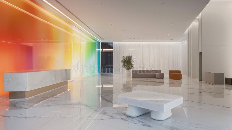 This image showcases a spacious and stylish minimalist office foyer featuring vibrant, multicolored LED lighting and contemporary furniture. The interior is dominated by clean lines, marble flooring, and a serene ambiance, ideal for modern corporate settings. The design highlights a blend of functionality and aesthetic appeal. AI generated. This image showcases a spacious and stylish minimalist office foyer featuring vibrant, multicolored LED lighting and contemporary furniture. The interior is dominated by clean lines, marble flooring, and a serene ambiance, ideal for modern corporate settings. The design highlights a blend of functionality and aesthetic appeal. AI generated