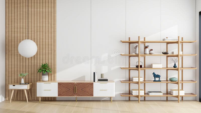 Nowoczesny minimalistyczny salon wnętrz z drewnianymi półkami i białymi meblami renderowanymi 3d. royalty ilustracja