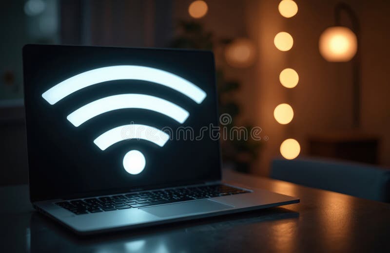 Nowoczesny notebook z jasnym ekranem symbolu wifi. Połączenie bezprzewodowe szybki dostęp do internetu komunikacja internetowa. royalty ilustracja
