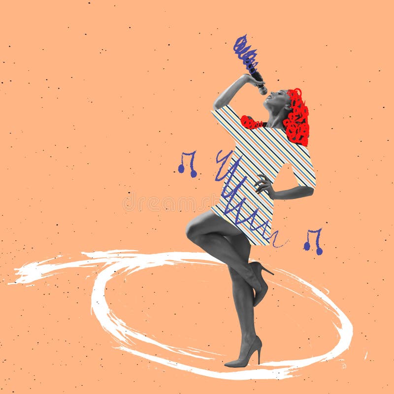 Nowoczesny projekt kolażu sztuki współczesnej. styl magazynu. stylowa młoda piosenkarka z mikrofonem na wielokolorowym ilustracja wektor