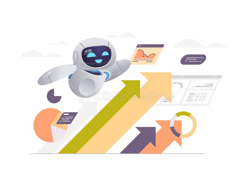 Nowoczesny robot analizujący statystyki finansowe dane wzrost firmy skuteczna strategia technologia sztucznej inteligencji ilustracja wektor