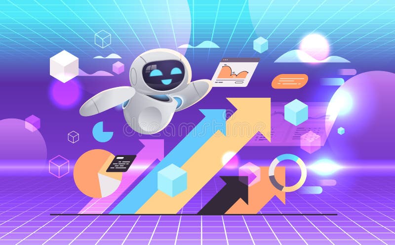 Nowoczesny robot analizujący statystyki finansowe dane wzrost firmy skuteczna strategia technologia sztucznej inteligencji royalty ilustracja