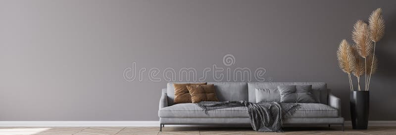 Nowoczesny salon wnętrza szarej sofy na ciemnej pustej ścianie panorama fotografia stock