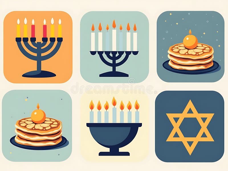 Nowoczesny zestaw ikon hanukkah ze stylizowanymi świeczkami i gwiazdą david w pastelowych odcieniach ilustracji