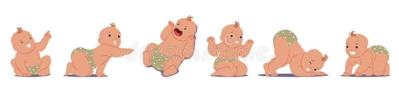 Newborn Baby Different Poses. Little Child Character Pointing Gesture, Yelling or Crying Lying on Back, Upset Face Expression, Crawl and Stand with Buttocks Up. Cartoon People Vector Illustration. Newborn Baby Different Poses. Little Child Character Pointing Gesture, Yelling or Crying Lying on Back, Upset Face Expression, Crawl and Stand with Buttocks Up. Cartoon People Vector Illustration