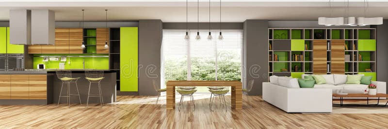 Nowożytny domowy wnętrze żywy pokój i kuchnia w kolorach beżowych i zielonych