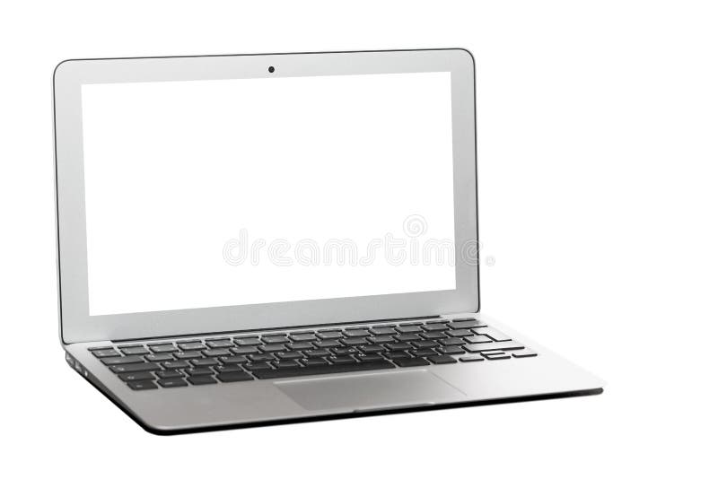 Nowożytny srebny laptop z pustym ekranem odizolowywającym na bielu fotografia stock