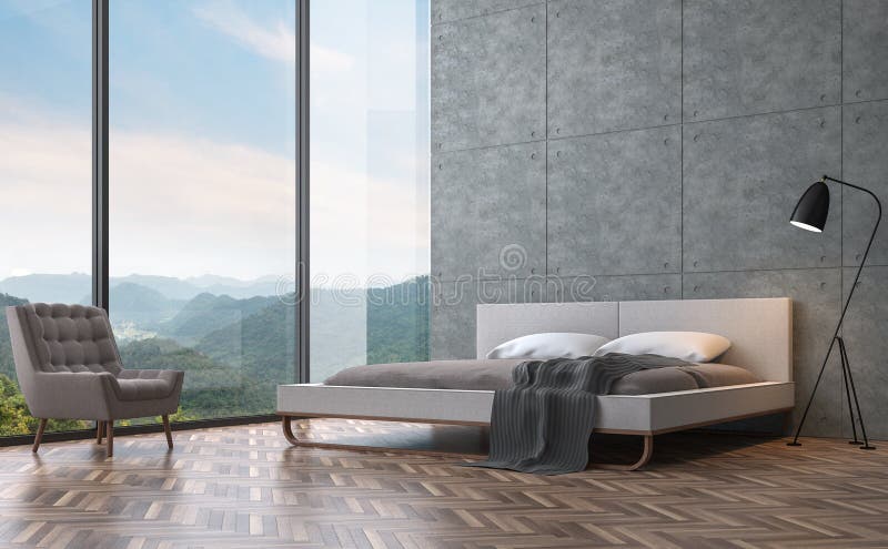 Nowożytna loft stylu sypialnia z widoku górskiego 3D renderingu wizerunkiem ilustracji