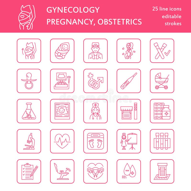 Nowożytna wektor linii ikona ciążowy zarządzanie i położnictwo Gynecology elementy - krzesło, testy, lekarki, sonogram, dziecko royalty ilustracja