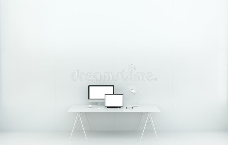 Modern white desk office interior in front of a wall with computer digital devices 3D rendering. Modern white desk office interior in front of a wall with computer digital devices 3D rendering