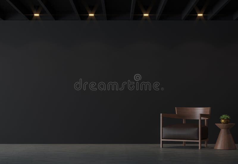 Nowożytnego loft żywy pokój z czerni ścianą z brown skóry i drewna 3d renderingu meblarskim wizerunkiem royalty ilustracja