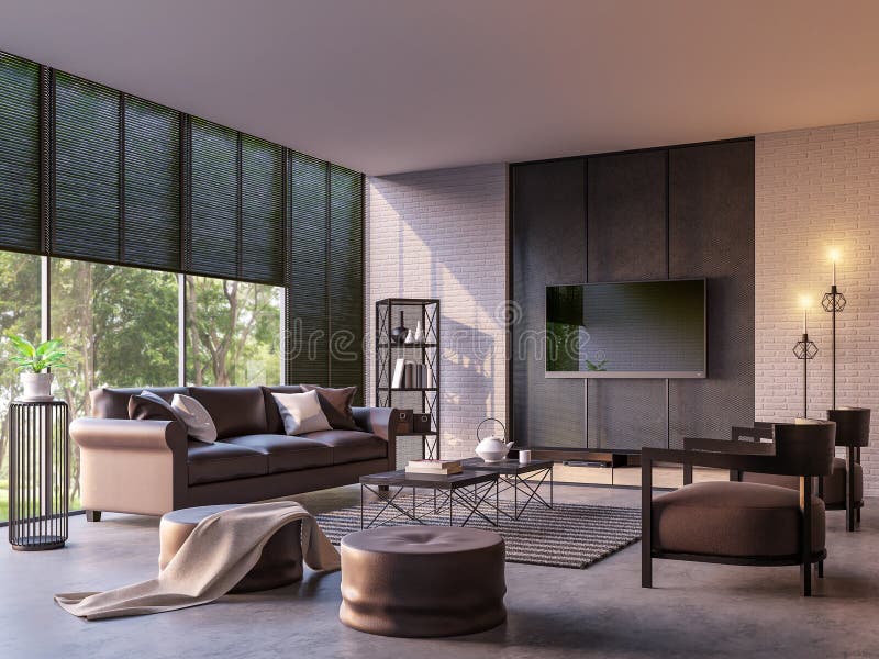Nowożytnego loft żywy pokój z natura widoku 3d renderingu wizerunkiem ilustracji