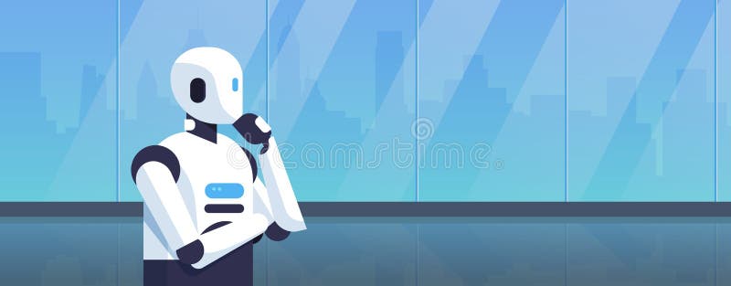 Nowożytnego robota mienia ręki myślący humanoid podbródek rozpamiętywa sztucznej inteligencji technologii cyfrowej pojęcia kreskó royalty ilustracja Nowożytnego robota mienia ręki myślący humanoid podbródek rozpamiętywa sztucznej inteligencji technologii cyfrowej pojęcia kreskó royalty ilustracja