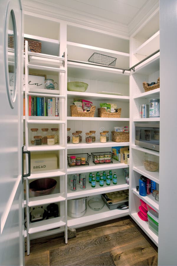 Modern pantry closet with homeless emergency survival food bank shelf items. Modern pantry closet with homeless emergency survival food bank shelf items