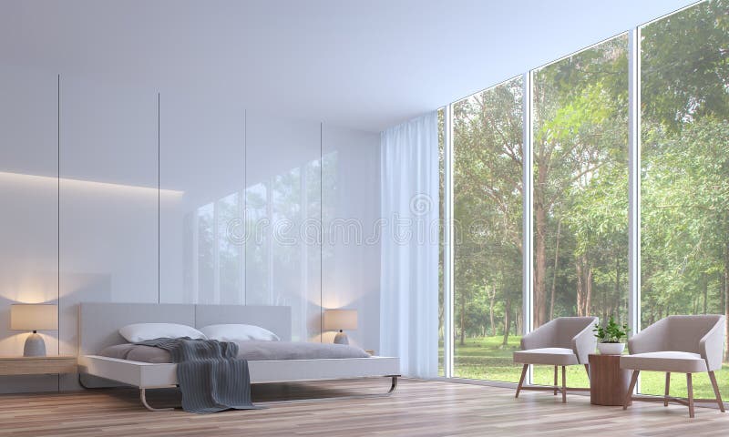 Nowożytnej białej sypialni stylu 3D renderingu minimalny wizerunek royalty ilustracja