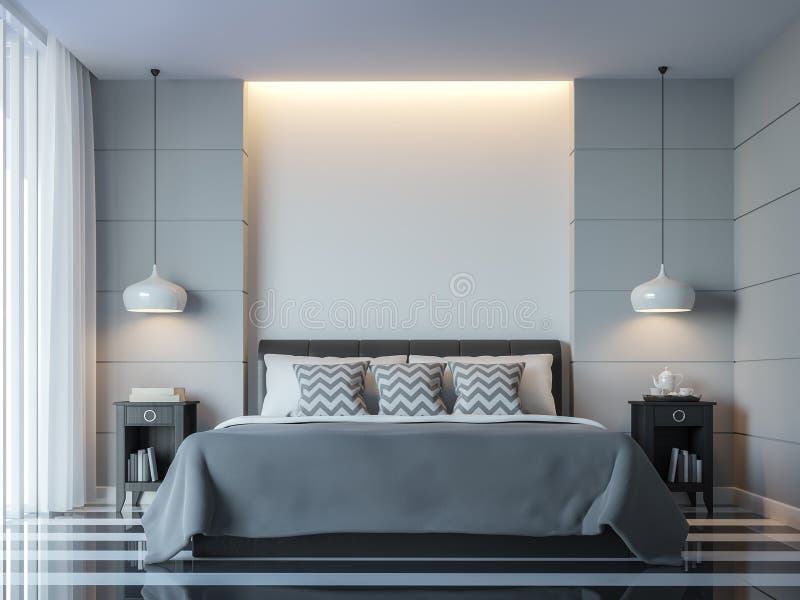 Nowożytnej białej sypialni stylu 3D renderingu minimalny wizerunek royalty ilustracja
